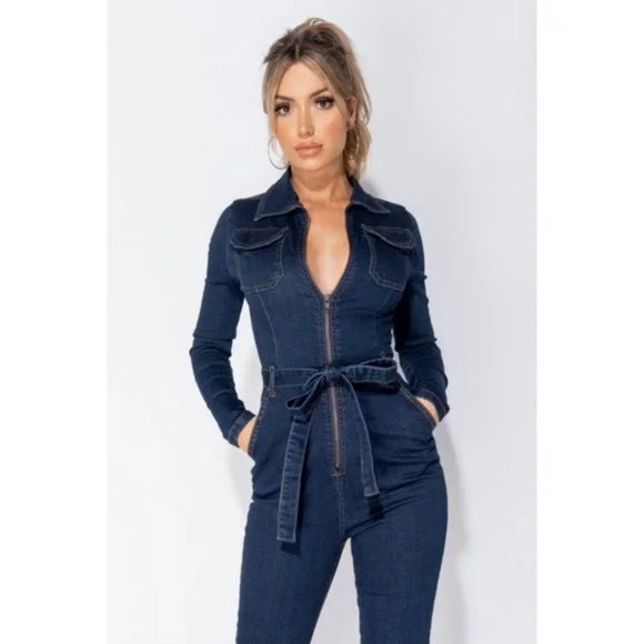 Blue Denim Jeans Long Sleeve Belted Bodycon Jumpsuit Playsuit - Picture 2 of 13